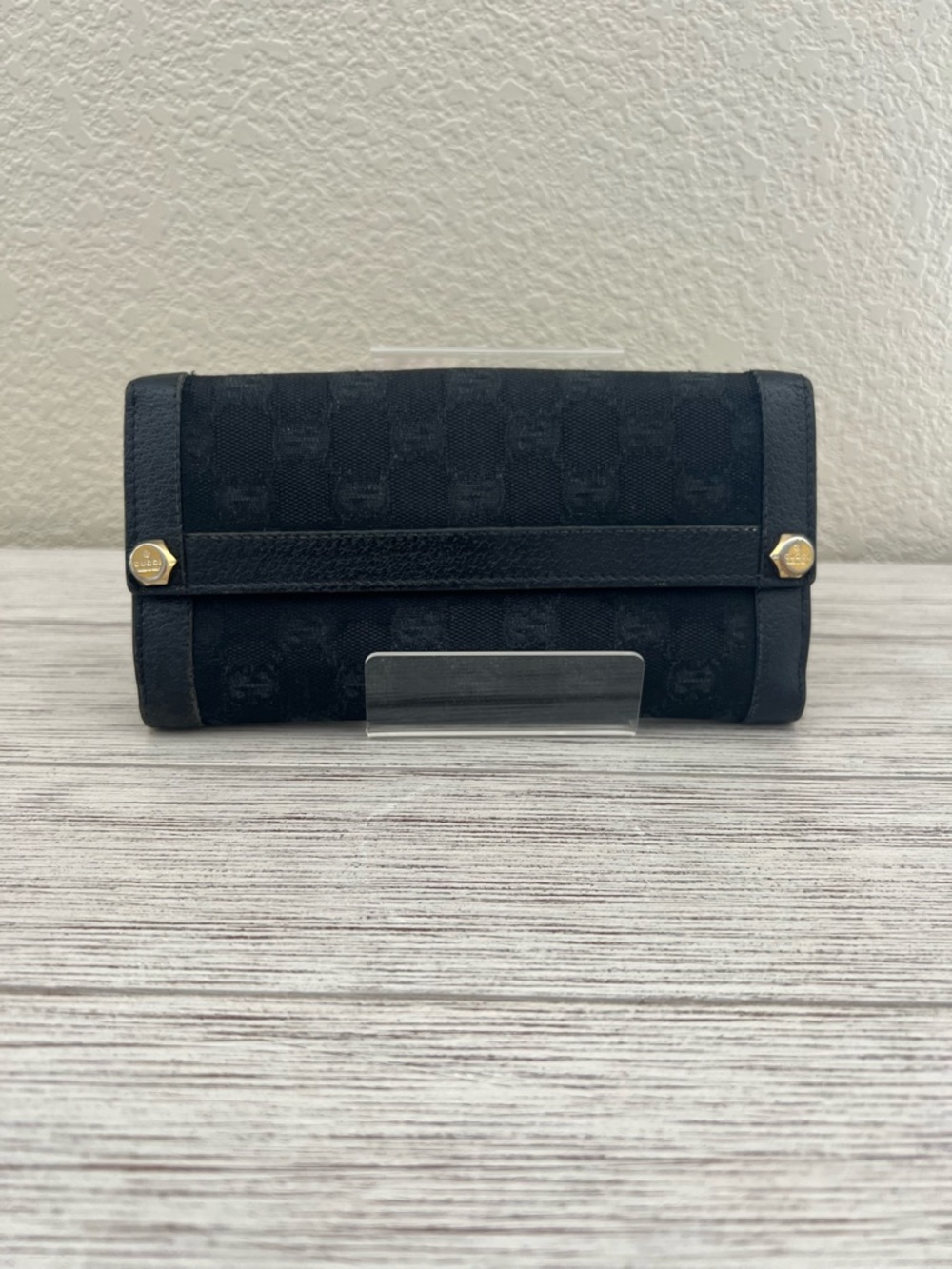 GUCCI Black Canvas Monogram Continental Wallet with Gold Hardware